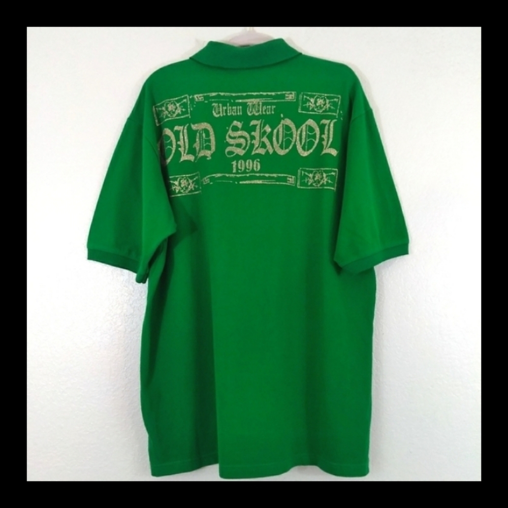 Vintage 1996 Urban Retro Old Skool Green Polo Shirt Gold Metallic Lion Top